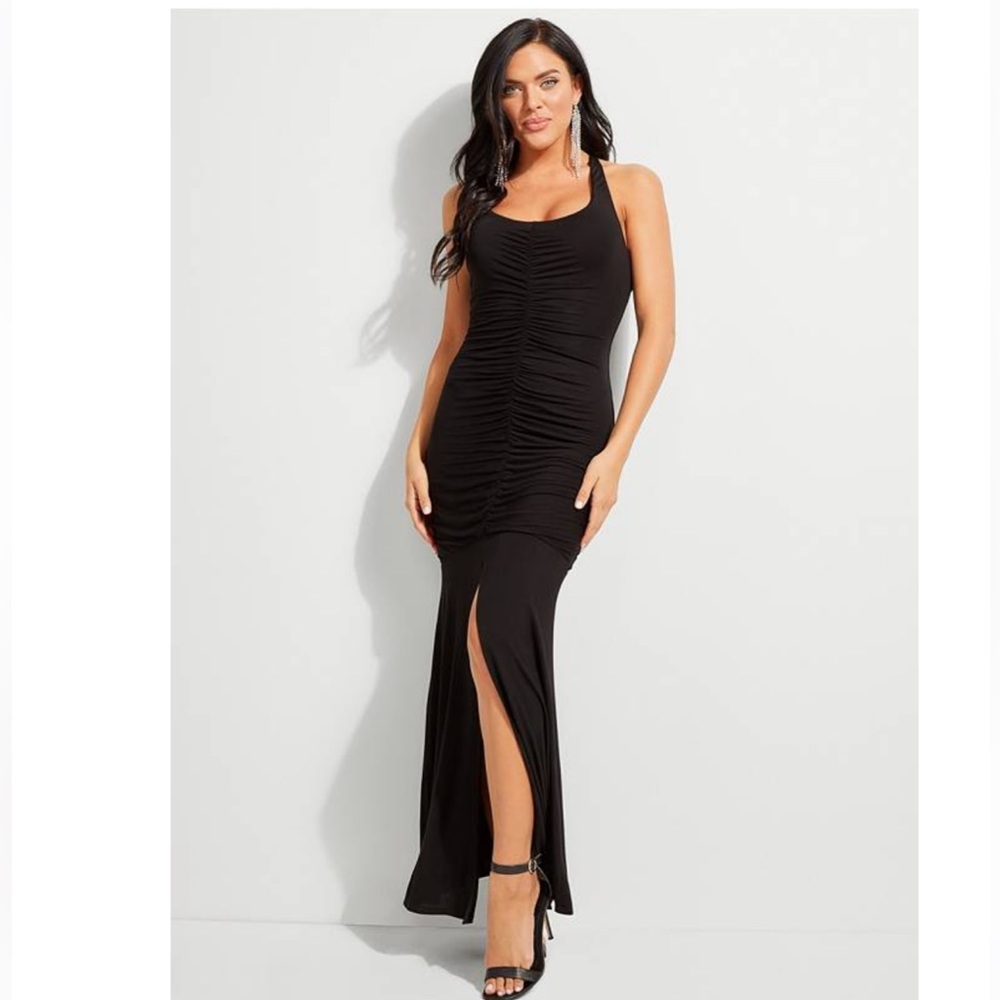 Guess Tayla ruched slit BLACK maxi dress